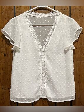 SHEIN White Swiss Dot Lace-Trim V-Neck Blouse petite XXS